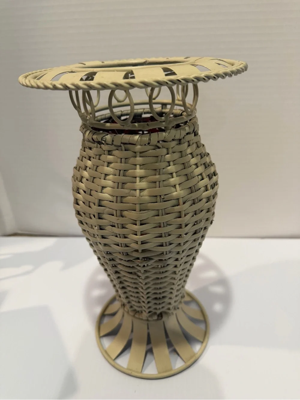 Tall Ivory Colored Metal & Wicker Vase 15” Tall Metal Scrollwork Top/Base